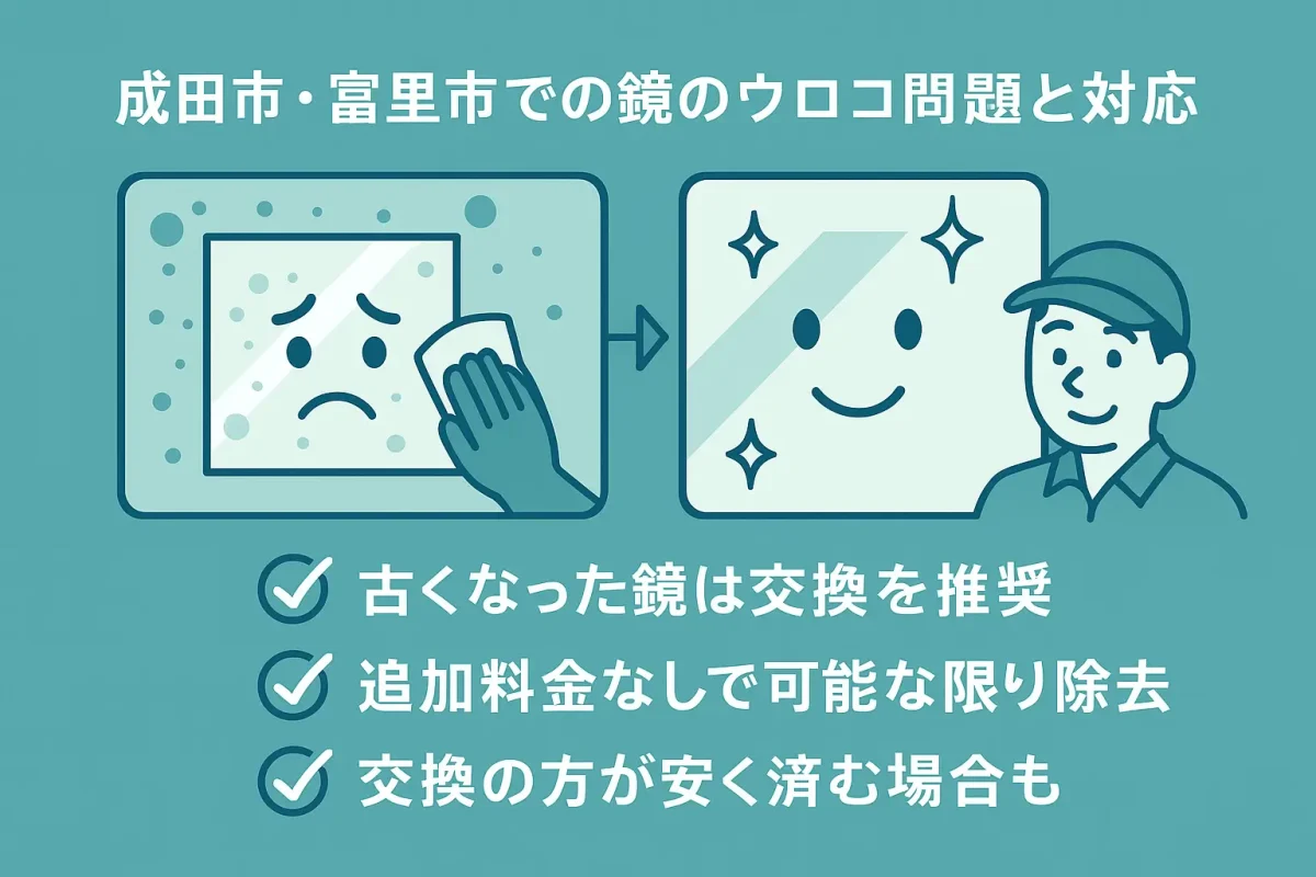 成田市・富里市の鏡のウロコ汚れへの対応を視覚的に表現したインフォグラフィック。交換推奨・追加料金なし・コスト面の利点を簡潔に伝える日本語イラスト。