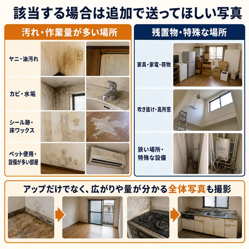 空室清掃の見積もりで追加撮影してほしい重度の汚れ・残置物・特殊な場所