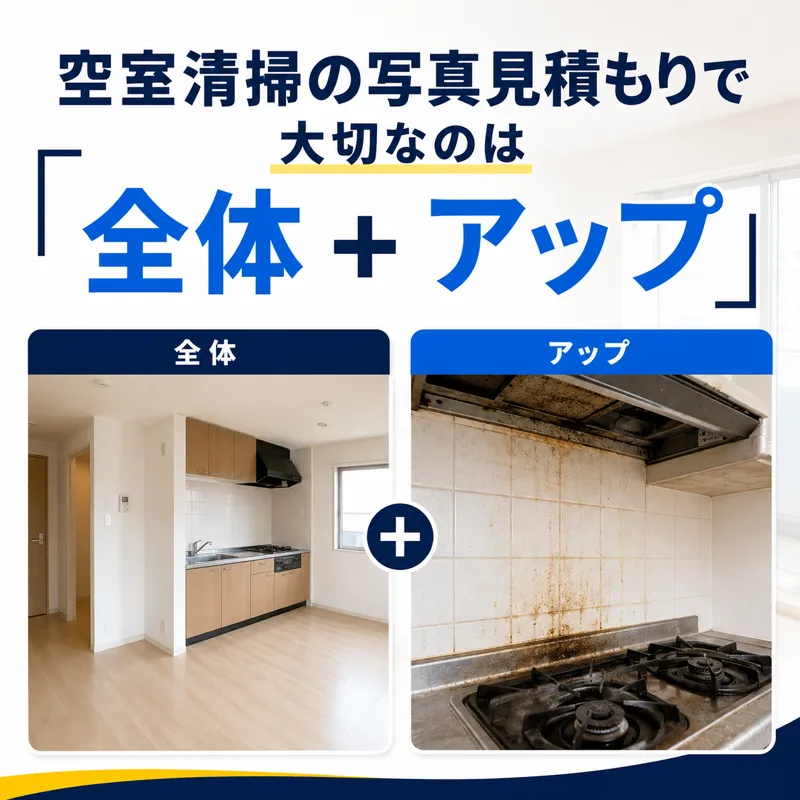 空室清掃の写真見積もりに必要なキッチン全体と油汚れのアップ写真