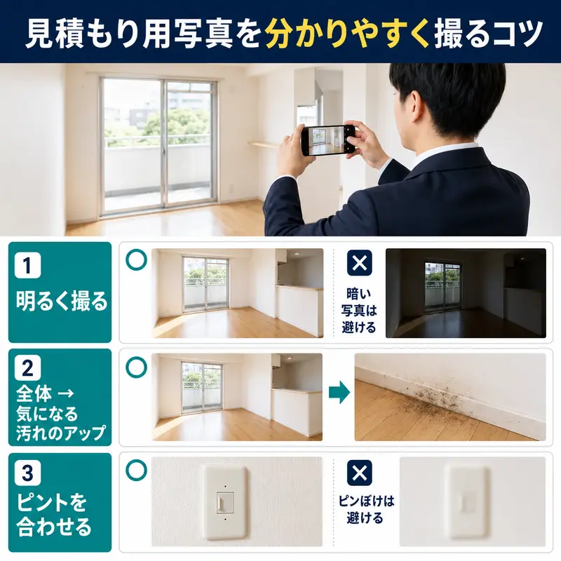 空室清掃の見積もり用写真を明るく撮り、全体から汚れのアップを撮影し、ピントを合わせるコツ