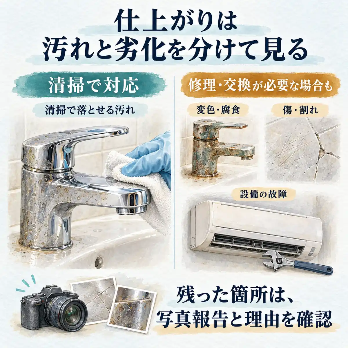 清掃で落とせる汚れと、修理・交換が必要な場合のある変色・腐食・傷・割れ・設備故障を分けて確認する図解