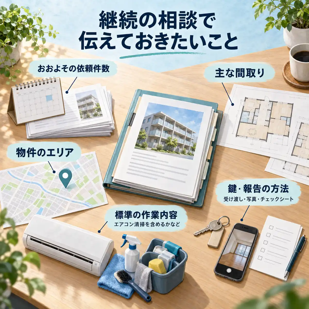 空室清掃の継続相談で伝える依頼件数・間取り・エリア・作業内容・鍵と報告方法を資料や道具で示した図解